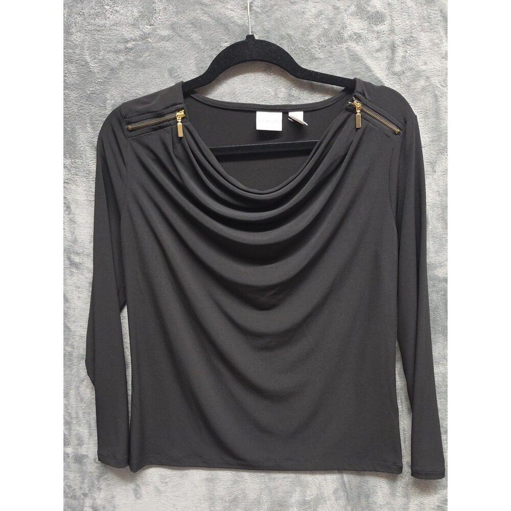 Chico's Black Draped Cowl Long-Sleeve Top with Gold Zippers sz 0(Small)